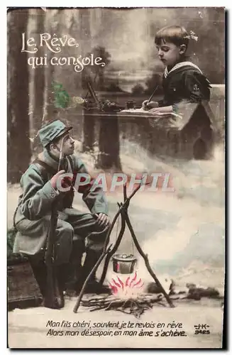 Cartes postales Le reve qui console Soldat Poilu Enfant Militaria