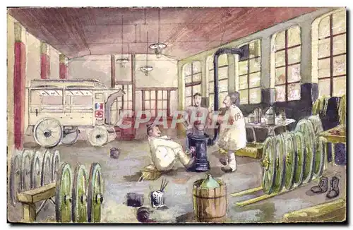 Cartes postales Dessin a la main Soldats pres du poele SUPERBE Militaria