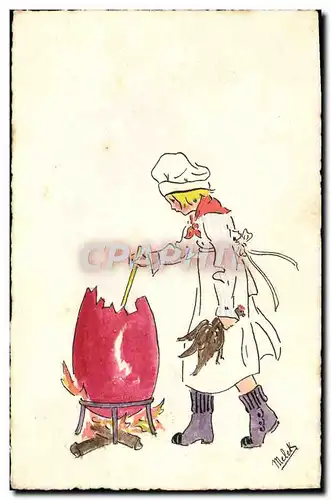 Cartes postales Illustrateur Melek Enfant cuissant une poule