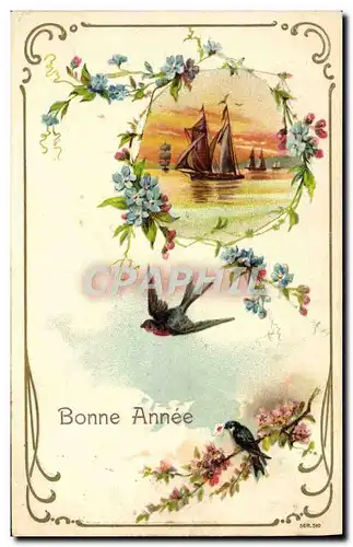 Cartes postales Fantaisie Fleurs Hirondelle Bonne Annee