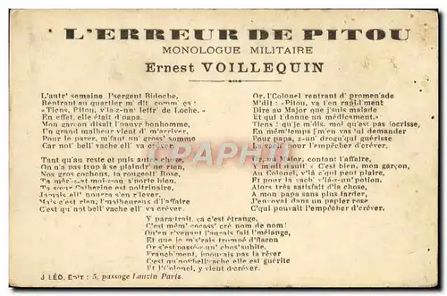 Cartes postales L&#39erreur de Pitou Monologue militaire Ernest Voillequin Militaria