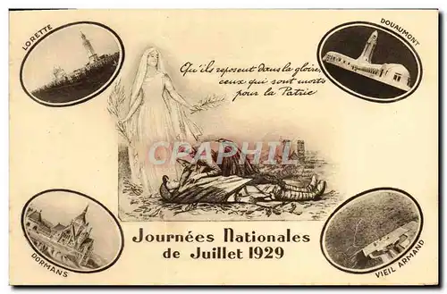 Cartes postales Fantaisie Journees nationales Juillet 1929 Lorette Dormans Douaumont Vieil Armand Militaria