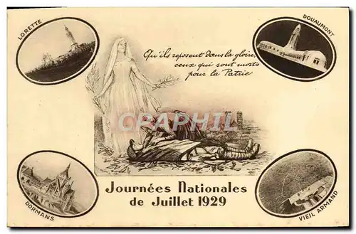 Cartes postales Fantaisie Journees nationales Juillet 1929 Lorette Dormans Douaumont Vieil Armand Militaria