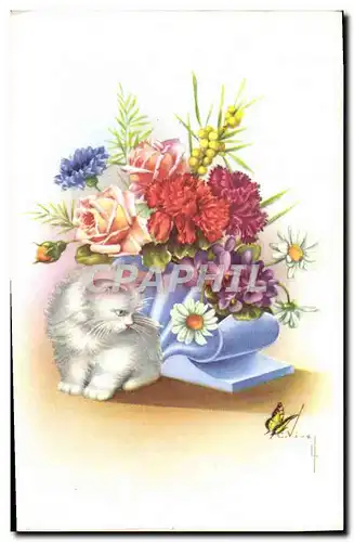 Cartes postales Fantaisie Fleurs Chat Chaton Papillon