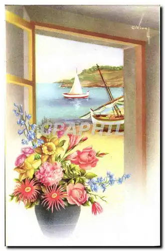 Cartes postales Fantaisie Fleurs Bateau