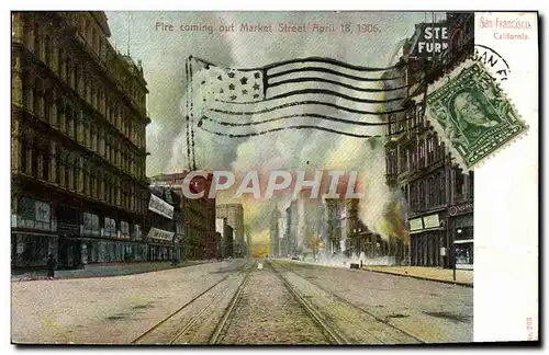 Ansichtskarte AK San Fancisco California Fire coming out market street April 18 1906