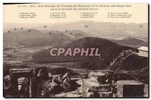 Cartes postales Les Ruines du Temple de Mervure et la Chaine des Puys Sud avec le massif des Monts Dores