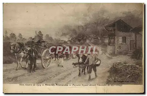 Cartes postales Guerre 1914 Atrocites Allemandes Paysans Fuyant Devant Fincendie De Ieur Village Militaria