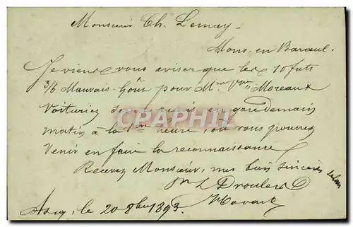 Entier Postal Type Sage 10c 1893 Mr Leray a Mons en Barouel