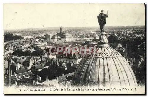 Cartes postales Tours Le Dome de la Basilique St Martin et vue generale vers l&#39hotel de ville