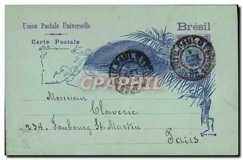 Entier Postal Bresil pour M Claverie Faubourg St Martin Paris 1904