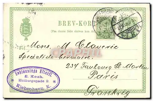 Entier Danemark 1905 pour M Claverie Faubourg St Martin Paris