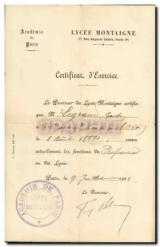 Certificat d&#39exerce Lycee Montaigne Rue Auguste Comte Paris Gaston Legrand Margny le Compiegne Pr