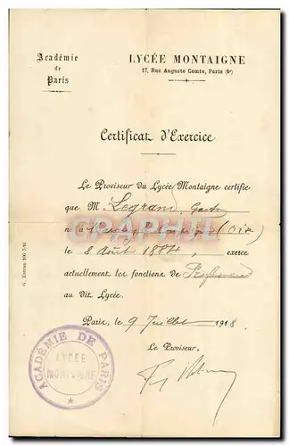 Certificat d'exerce Lycee Montaigne Rue Auguste Comte Paris Gaston Legrand Margny le Compiegne Pr