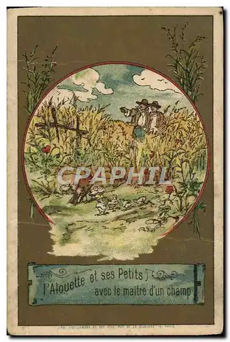 Chromo L&#39alouette et ses petits avec le maitre d&#39un champ La Fontaine