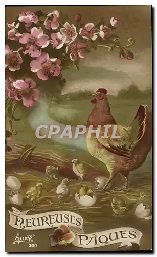 Cartes postales Fantaisie Heureuses Paques Poule Poussins Oeufs