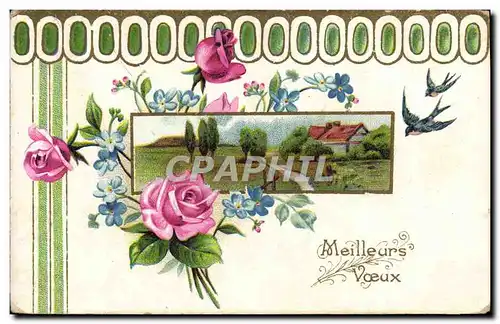 Cartes postales Fantaisie Fleurs Hirondelles