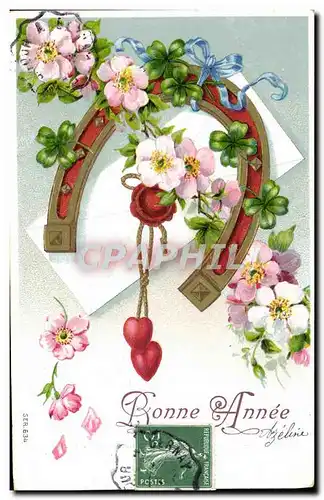 Cartes postales Bonne Annee Fleurs Fer a cheval