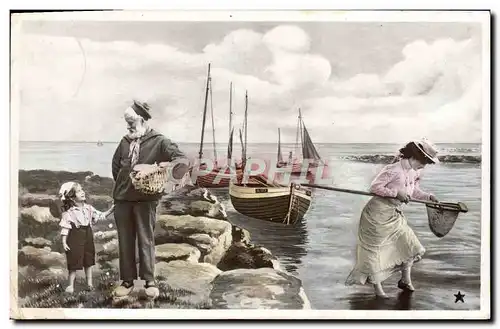 Cartes postales Fantaisie Femme Pecheur Bateaux Enfant