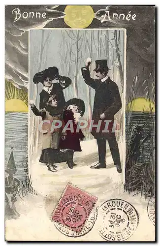 Cartes postales Fantaisie Femme Enfants Bataille de boules de neige