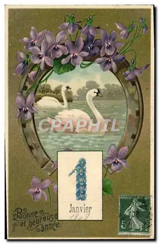 Cartes postales Fantaisie Fleurs Cygnes Cygne Fer a cheval Bonne Et Heureuse Annee