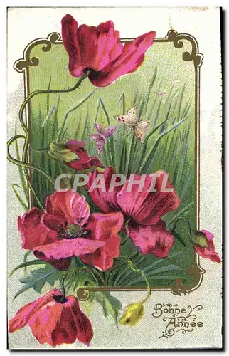 Cartes postales Fantaisie Fleurs Bonne Annee Papillons