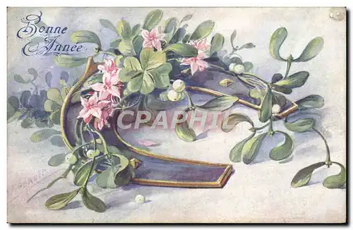 Cartes postales Fantaisie Fleurs Fer a cheval Gui Bonne Annee