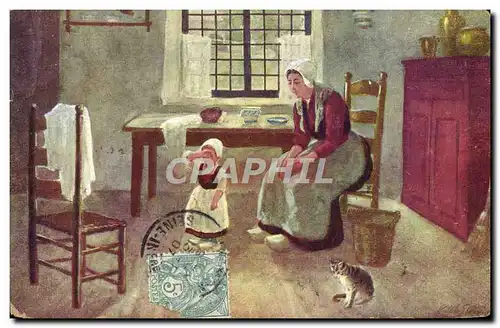 Cartes postales Fantaisie Femme Enfant Chat