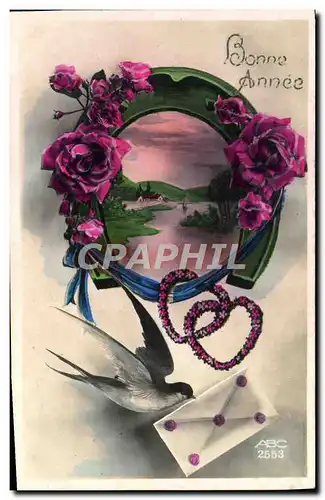 Cartes postales Fantaisie Fleurs Hirondelle Coeur Bonne Annee