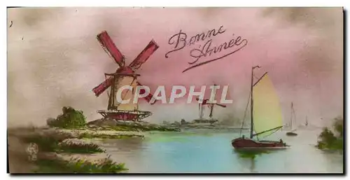 Ansichtskarte AK Fantaisie Bonne annee Moulin a vent Bateau