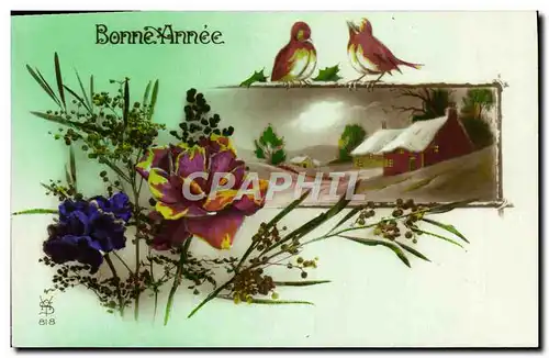 Cartes postales Fantaisie Fleurs Oiseau Bonne annee