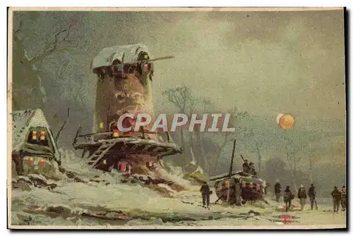 Cartes postales Fantaisie Moulin a vent sous la neige