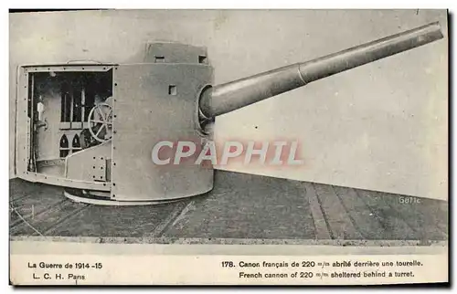 Cartes postales Canon de 220 mm derriere une tourelle Militaria