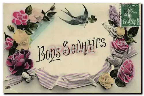 Cartes postales Fantaisie Fleurs Bons Souhaits Hirondelle