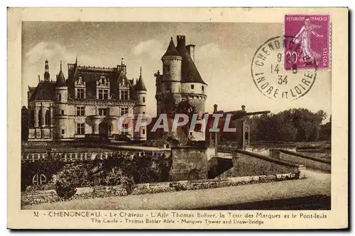 Cartes postales Chenonceau Le Chateau L&#39Aile Thomas Bohier La tour des Marques et le pont levis