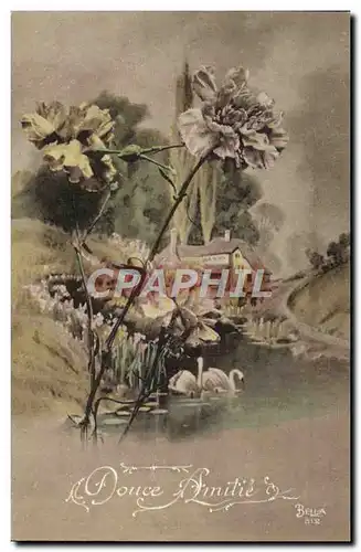 Cartes postales Fantaisie Fleurs Cygnes Cygne