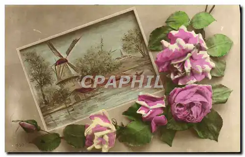 Cartes postales Fantaisie Fleurs Moulin a vent