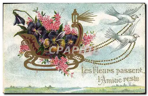 Cartes postales Fantaisie Fleurs Colombes Traineau