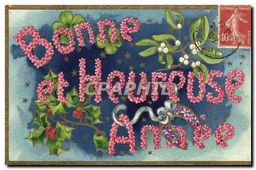 Cartes postales Fantaisie Fleurs Bonne annee Fer a cheval