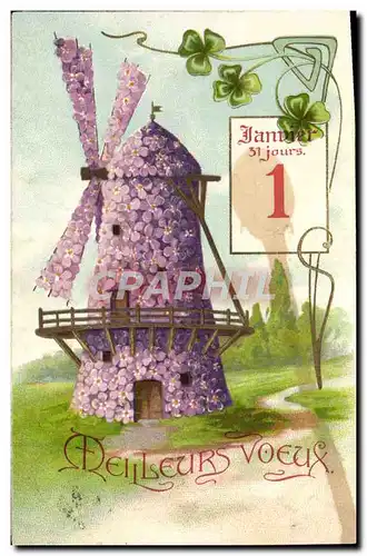 Cartes postales Fantaisie Fleurs Moulin a vent
