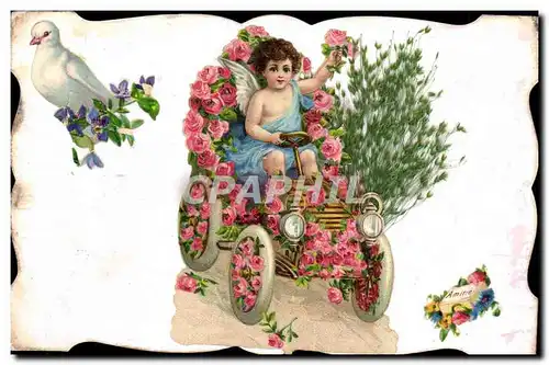 Ansichtskarte AK Fantaisie Fleurs Enfant Automobile Colombe