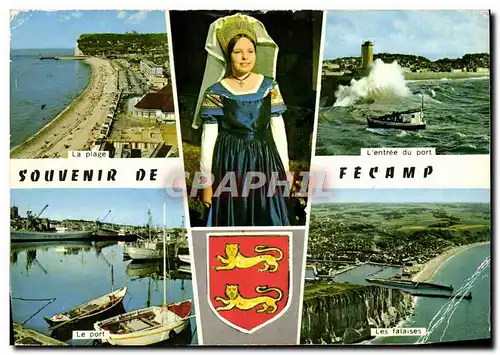 Moderne Karte Souvenir De Fecamp La plage Le port Les falaises Femme Folklore