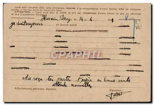 Carte de Franchise Militaire Hussein Dey Algerie 1944 pour Mr Guivit Saint Mand�