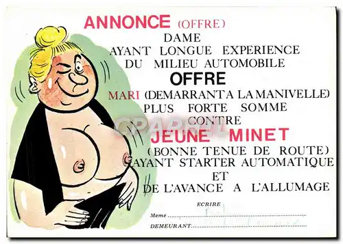 Cartes postales moderne Annonce Dame Ayant Longue Experience Du Milieu Automoble