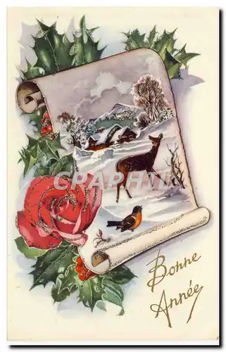 Cartes postales Fantaisie Fleurs Bonne annee Biche