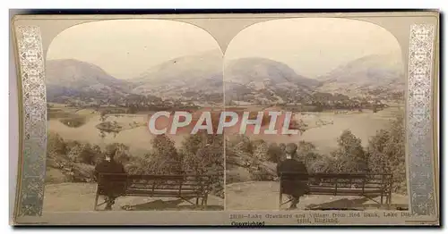 Photo Stereoscopique Lake Grasmere and Village from Red Bank Lake district England