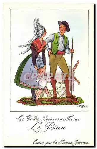 Moderne Karte Les Vieilles Provinces de France Poitou Moulin a vent Publicite Farines Jammet Folklore