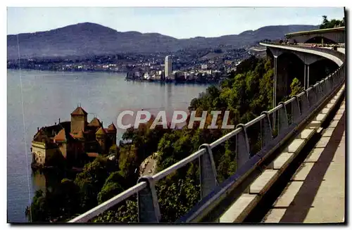 Moderne Karte Lac Leman Le Chateau de Chillon et la Ville de Montreux vus depuis la RN 9