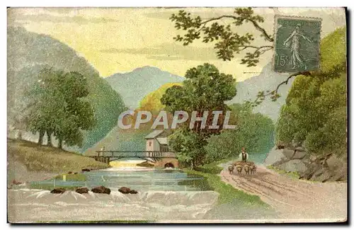 Cartes postales Fantaisie Berger Moutons Moulin a eau