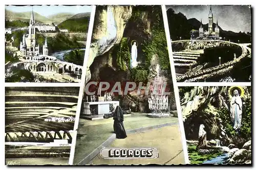 Cartes postales moderne Lourdes La basilique La grotte La procession aux flambeaux La basilique souterraine L&#39Apparit